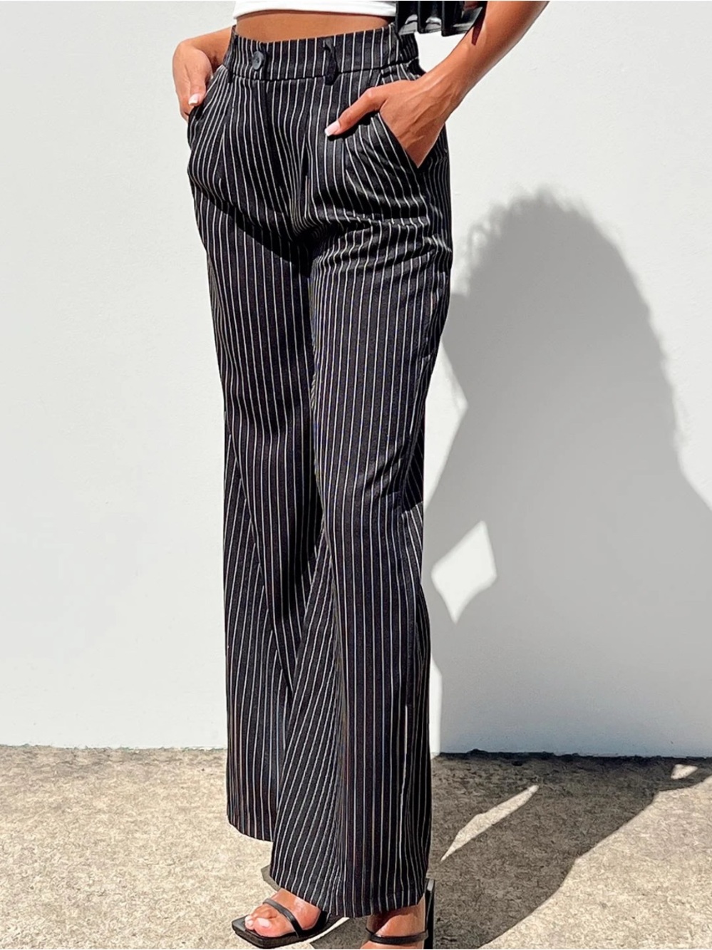Princess Polly Archer slacks, navy blue with white pinstripes